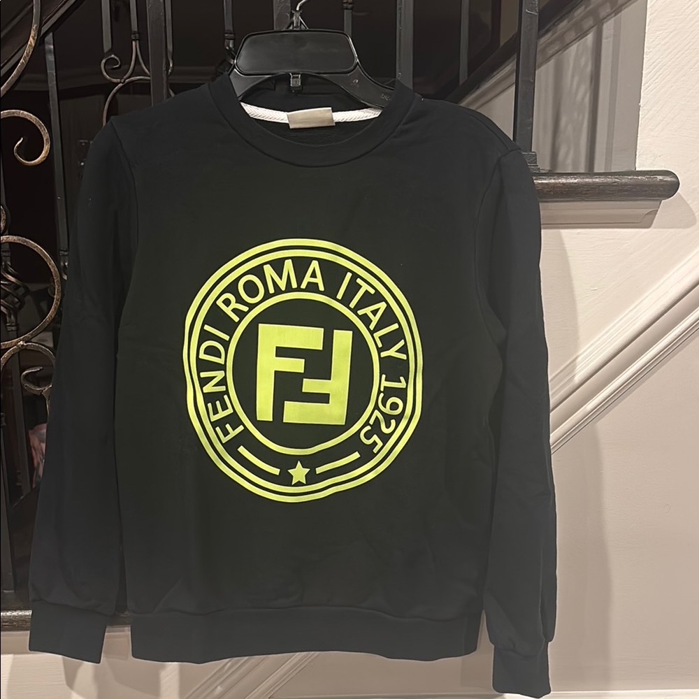Fendi Black Crewneck Sweater with Bright Yellow Logo